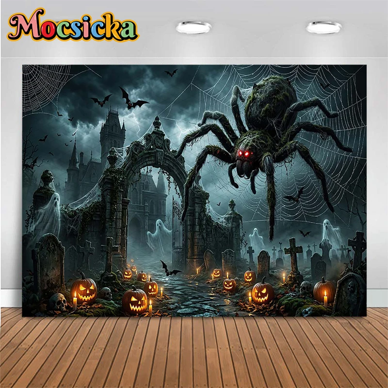 Mocsicka Spooky Halloween Giant Spider Photography Backdrop Haunted Cemetery Tapestry Hanging Jack-O-Lantern Background Banner