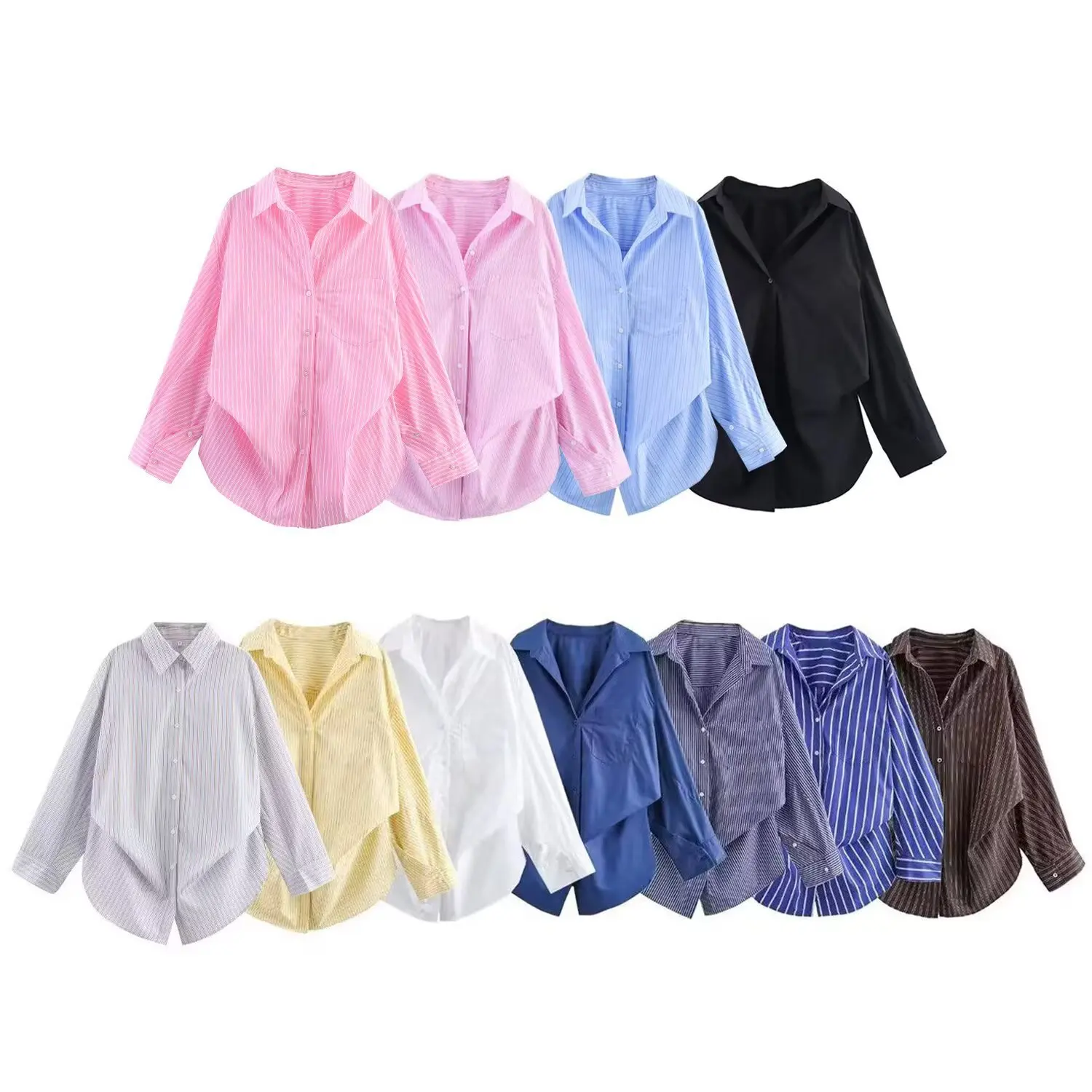 

New Autumn Shirt Tops, Long Fashionable Loose Casual Pockets with Stripes