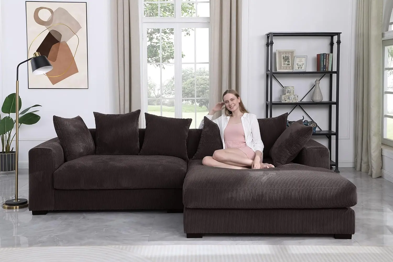 L Shaped Corduroy Upholstered Modular Sectional Couches with Right Facing Chaise, 109.75