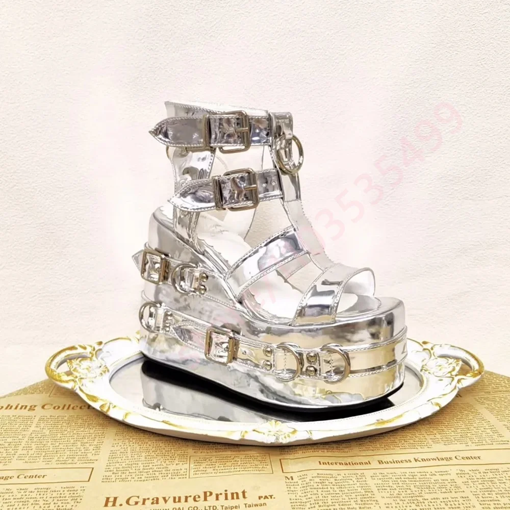 

2026 Summer New Silver Metallic Platform Gladiator Sandals for Women Multi Buckle Ring Strap Open Toe Goth Punk Wedge Heels