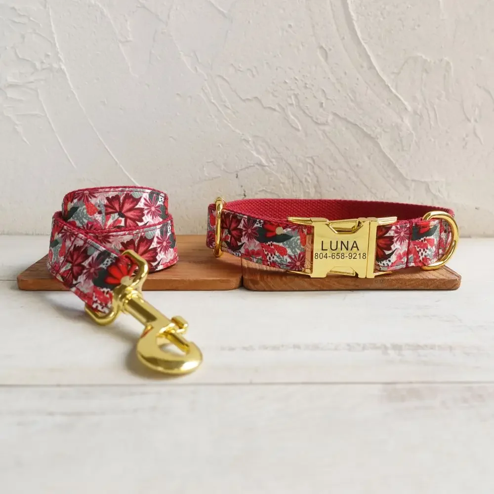 Personalized Dog Collar with Free Engraving, Matching Pet Leash,Customzied Contacts Metal Buckle,Red Flowers Pet Collar