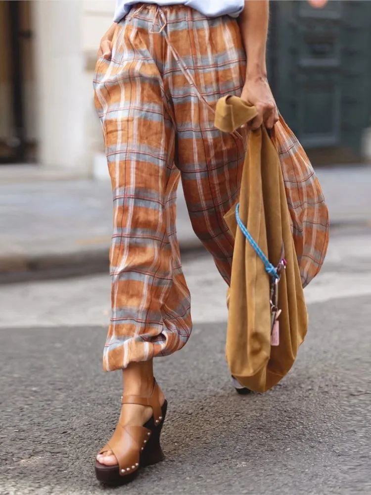2025 Autumn New Arrival Fashion Low Waist Strap Plaid Loose Casual Pants For Women All-match Loose Simple Style Comfortable Chic