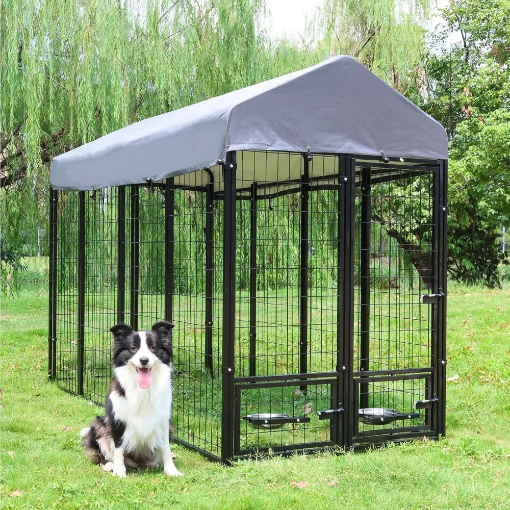 Dog Kennel Outdoor with Roof and Rotating Bowl Holders, Large Metal Dog Enclosure, Heavy Duty House Built with Robust