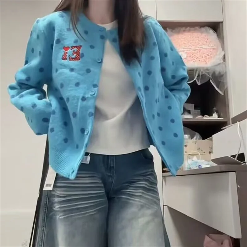 

Свитер в горошек в американском стиле ретро, женский осенне-зимний свободный утолщенный вязаный кардиган в ленивом стиле, топ