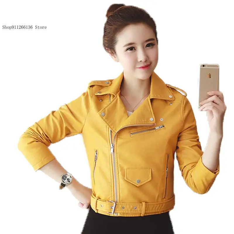 Spring and Autumn Women\'s Soft Pu Artificial Leather Slim Fit Short Design Flip Collar Motorcycle Jacket