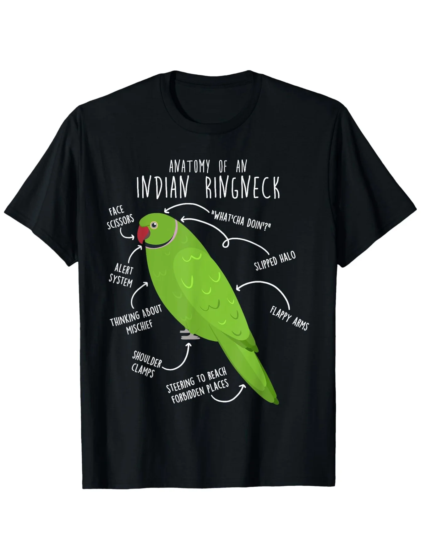Funny Indian Ringneck Parrot Anatomy T-Shirt - Funny Pet Bird Lover Gift for Men - Black Shirt with Green Parrot Labels (