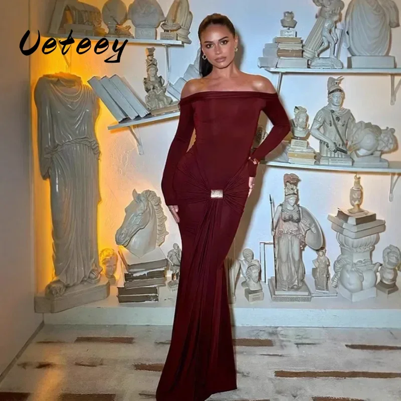 

Ueteey Elegant Party Dress Ruched Metal Buckle Ribbon Slash Neck Full Sleeve Skinny Stretch Birthday Party Slim Long Bodycon