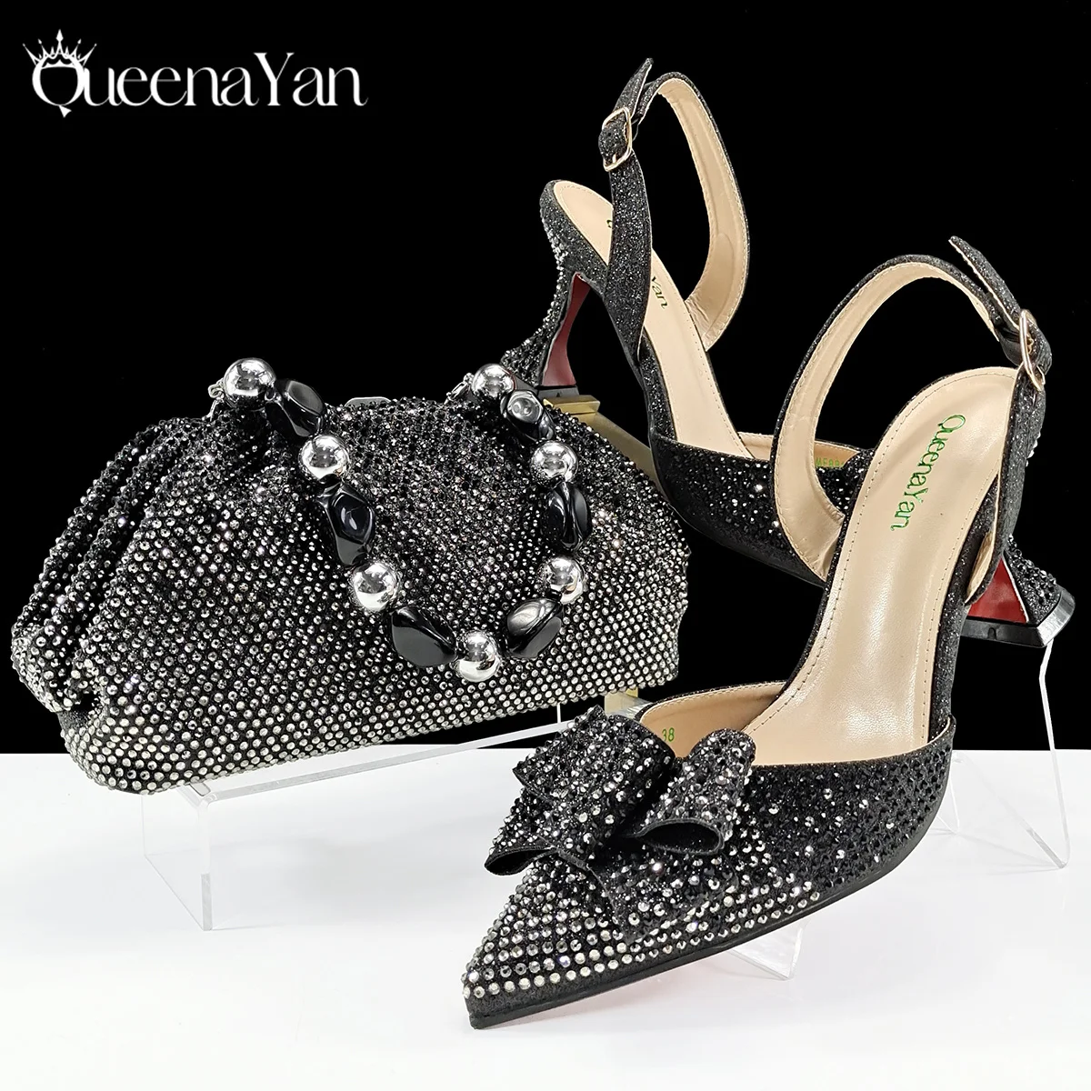 

Красочные туфли на высоком каблуке с цветным стразовым дизайном черного цвета для вечеринок и свадеб, с заостренным носком, и набор с сумочкой, украшенной металлическими бусинами.