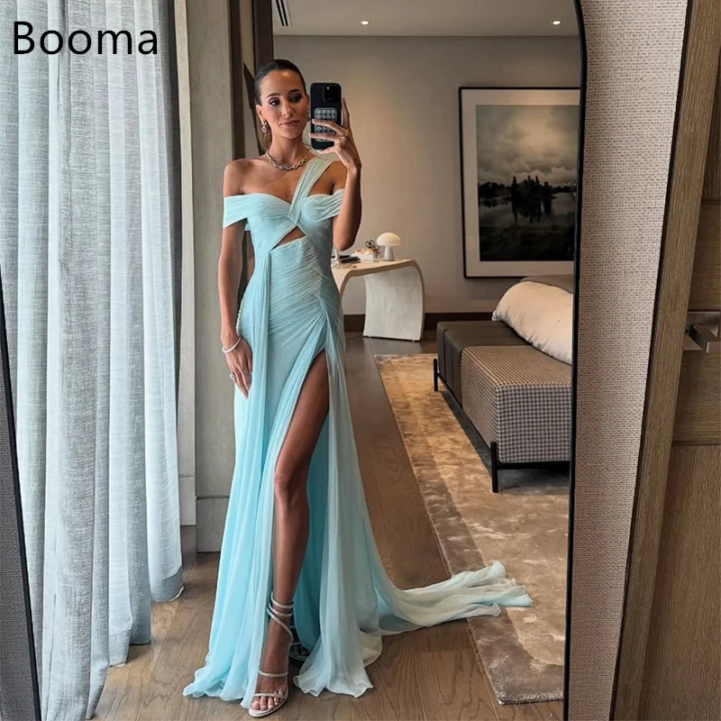 

Booma трапециевидные сексуальные вечерние платья с открытыми плечами, шифоновые вечерние платья с разрезом по бокам для женщин, элегантные платья для выпускного вечера на заказ