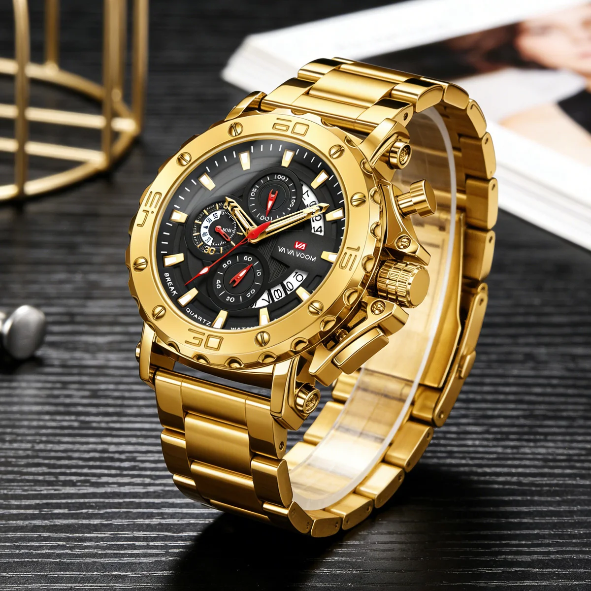 VA VA VOOM Chronograph Watch For Men Calendar Luminous Waterproof Man Clock Male Luxury Stainless Steel Men Quartz Watches Reloj image 6
