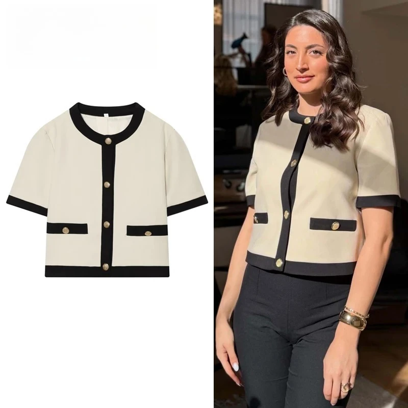 

ZHIO Short Sleeve Blazer Woman Button Women's Tailoring Blazers New in Coat Casual Blazer Woman Holiday Cropped Jacket Women