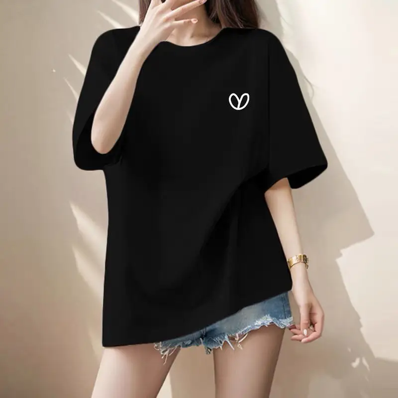Women's Clothing Vintage All-match Pure Cotton Short Sleeve T-shirts Summer Casual Loose Chic Little Love Top Tee Lady Pullovers