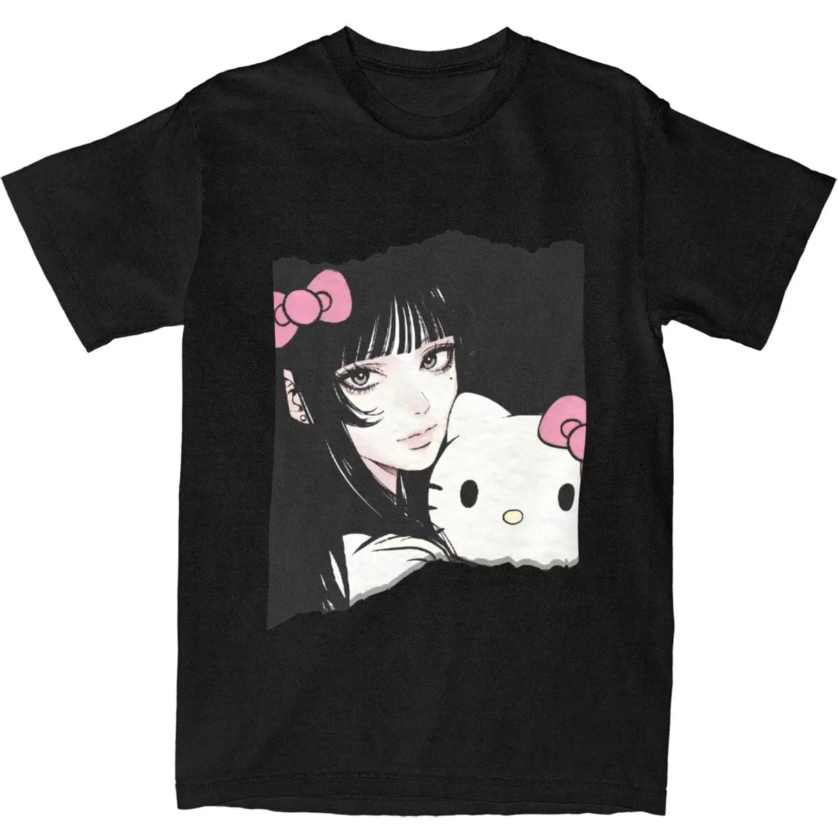 Junji Ito Tomie X Hello Kitty T Shirt Hip Hop T Shirts Short-Sleeve Y2K Basic Tops Summer Cotton O-Neck Plus Size Tees