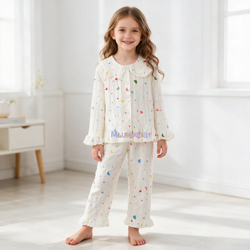 New Girls Pajamas Set Grid Double Children's Pajamas Set Girls Spring and Autumn Long Sleeves Middle Loungewear Set