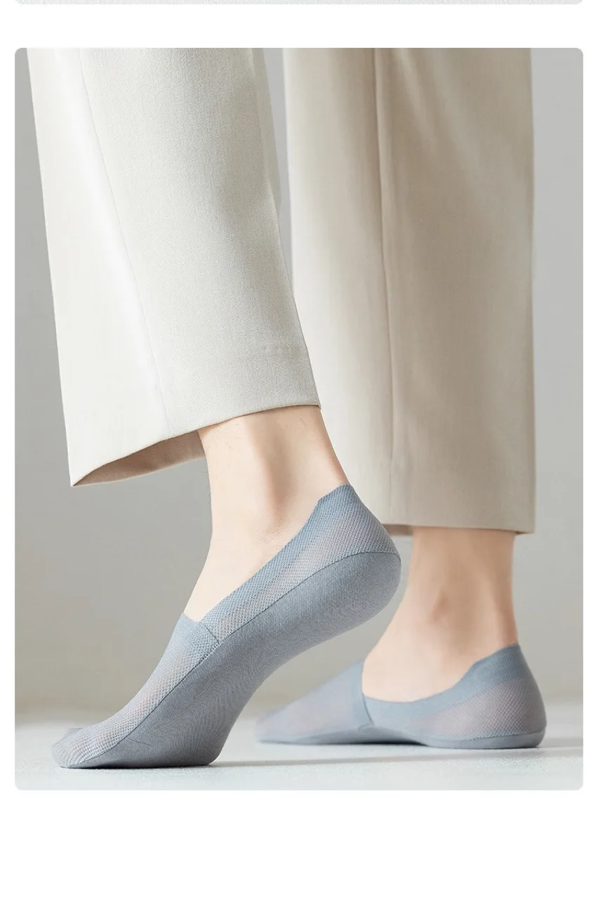 Man Breathable Invisible No Show Male Ice Silk Ankle Sock Slippers Summer Hollow Out Mesh Thin Anti-slip Low Cut Boat Socks