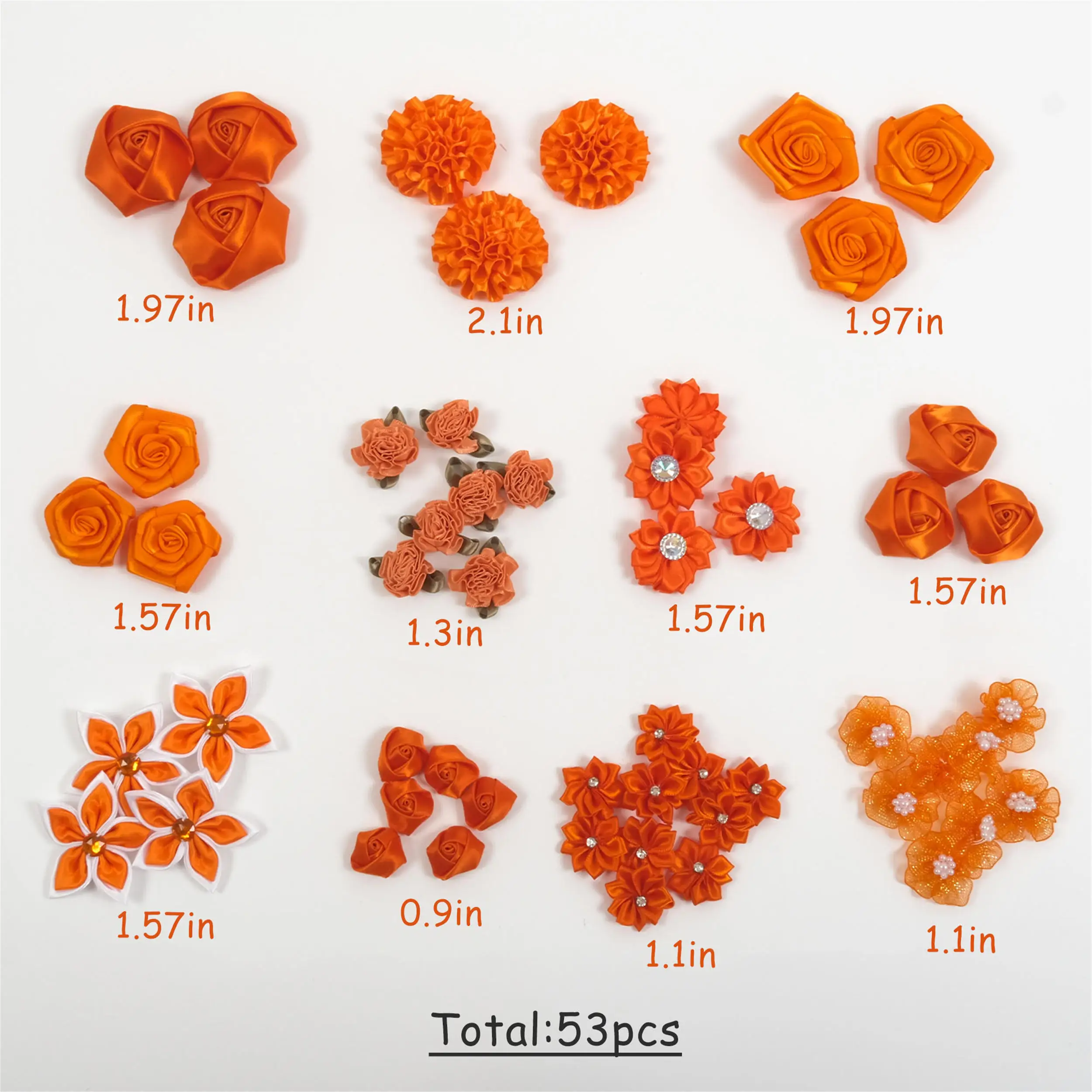 53PCS Mix Orange Applique Combo Set / 1Pack Satin Flower Ribbion Flower Grab Bag For DIY Crafts Cards Scrapbook Decor Accessory