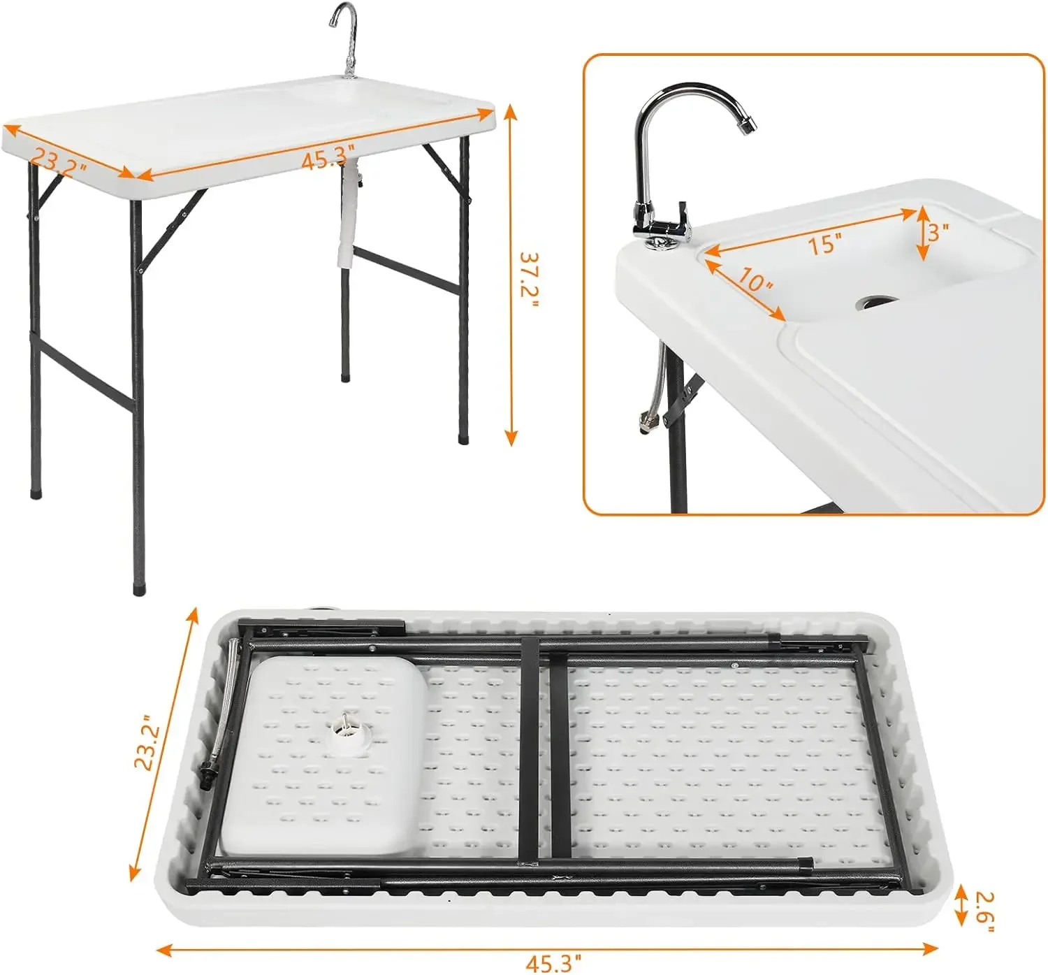 Fisch reinigungs tisch, tragbarer klappbarer Camping-Tisch, 45 "HDPE-Fisch reinigungs station im Freien mit Spüle, Edelstahl hahn