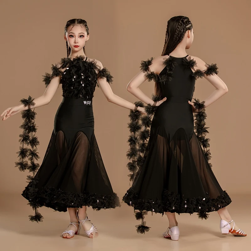 

2025 Ballroom Dance Competition Clothing Girls Black Lace Hanging Neck Waltz National Standard Dance Modern Dance Dress DN20361