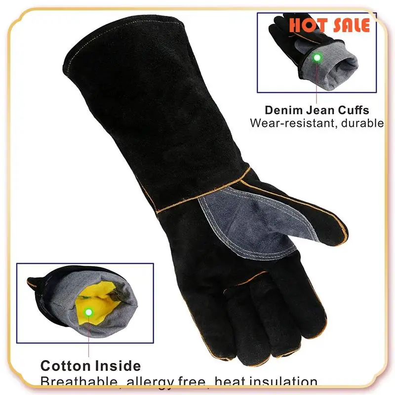 ABFA زوجان من القفازات الجلدية المقاومة للحرارة والحريق مع خياطة، قفازات سوداء مثالية 16 بوصة و14 بوصة