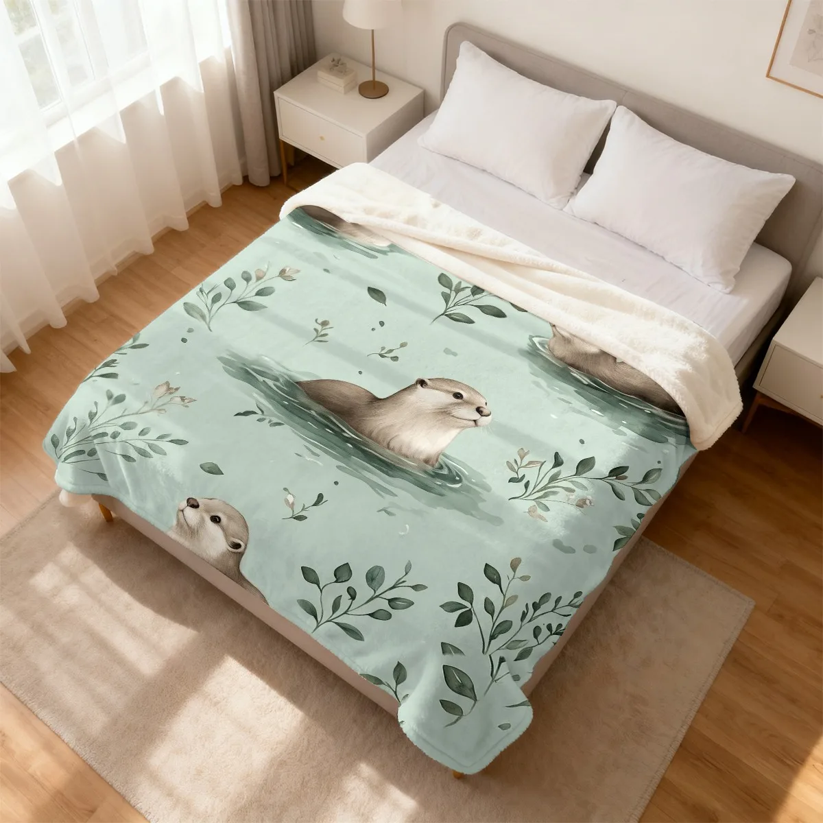 Ultra-Soft Flannel Blanket with Sea Otter & Water Lilies Mint Green & Brown Otter Print All-Season Cozy Throw for Couch Camping Travel Machine Washable Luxury Gift for Marine Life Lovers