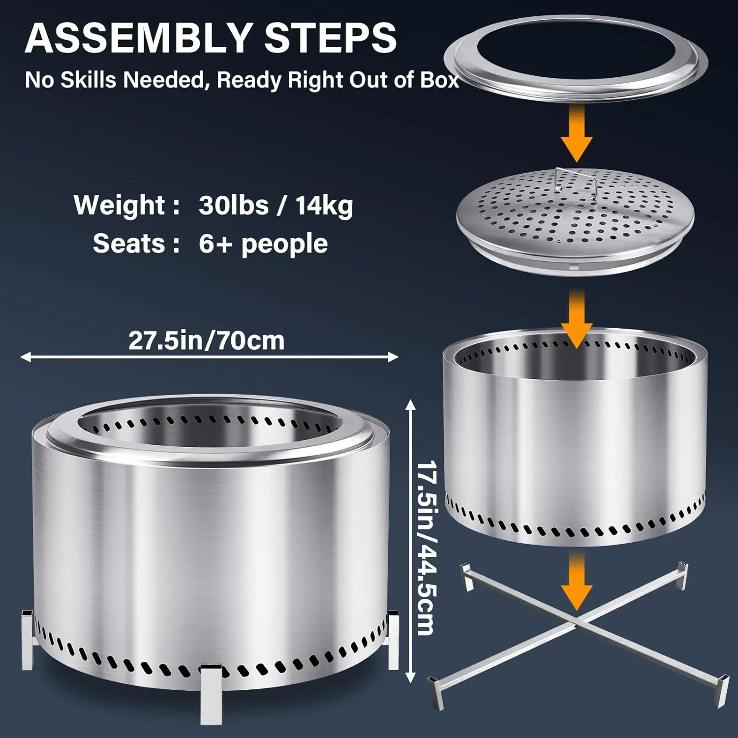 28 Inch Smokeless Firepit for Patio, Garden, Picnic, Stainless Steel Material