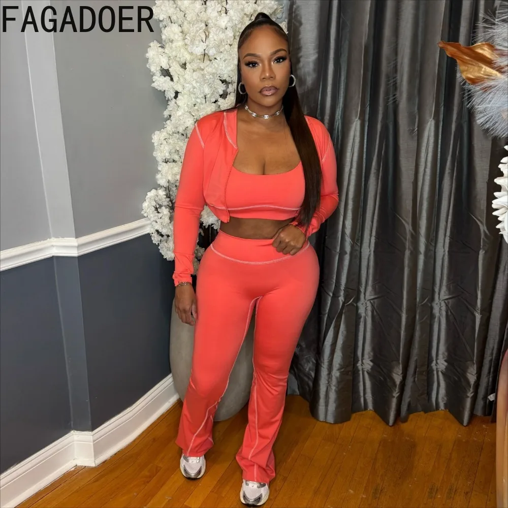 FAGADOER Women 3 Piece Tracksuit Set Zip Up Long Sleeve Jacket Crop Tank Top Flare Pants Casual Sporty Activewear Outfit New