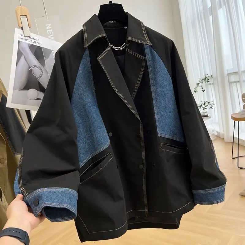 2024 New Korean Denim Stitching Long Sleeve Jacket Coat Women Fashion Patchwork Trend Black Tops Outerwear Spring Autumn