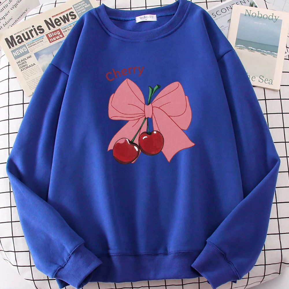 Bow Cherry Cartoon Print Female Sweatshirt Oversized Casual Pullovers Hip Hop Crewneck Clothing Comfortable Autumn Streetwear