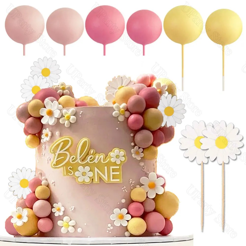 50Pcs Boho Cake Toppers Blush Pink Yellow Balls Daisy Flowers Cake Toppers for Groovy Birthday Baby Shower Party Cake Decoration