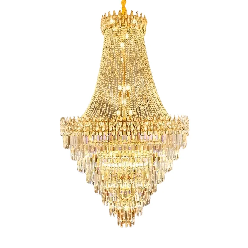 

Villa duplex floor living room crystal, chandelier hotel lobby hollow height, post-modern light luxury rotating staircase