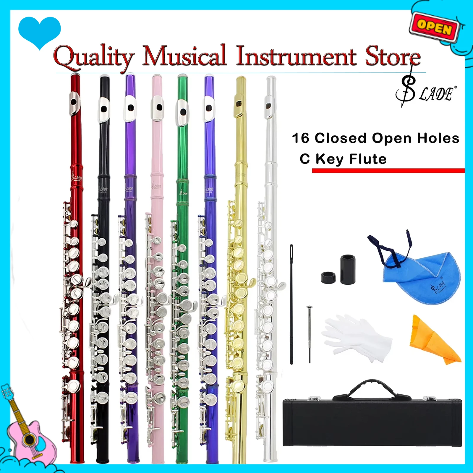 

Флейта SLADE 16, закрытая открытая отверстия, ключ C, профессиональная поперечная флейта, кожаная коробка, наборы деревянных духовых инструментов с деталями