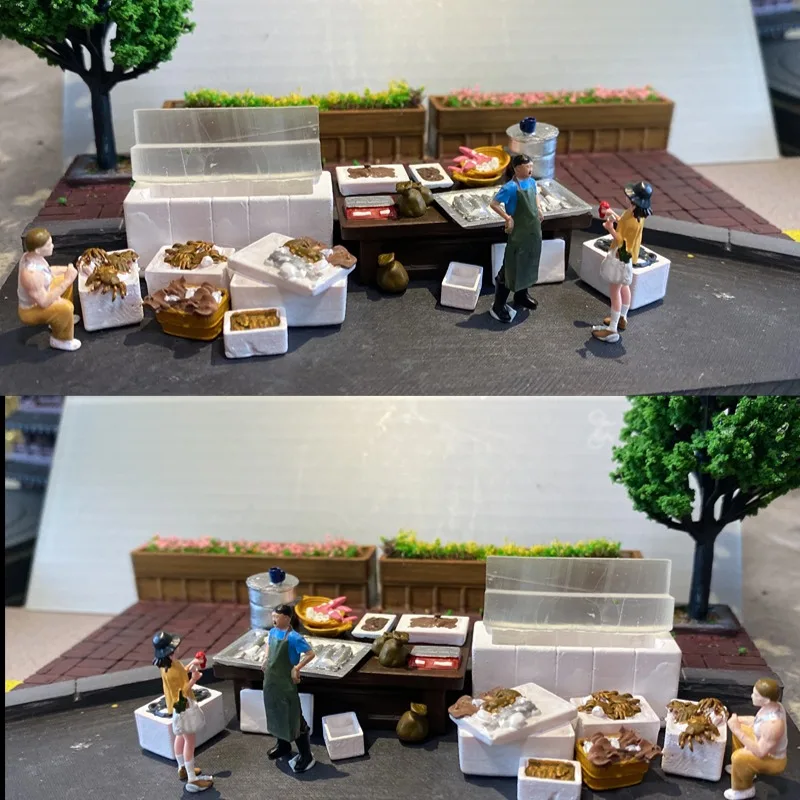 

Диорама, масштаб 1/64, модель рыночных киосков, миниатюрная модель сцены из рынка морепродуктов, городская парковка, демонстрационные фигурки, декоративный реквизит