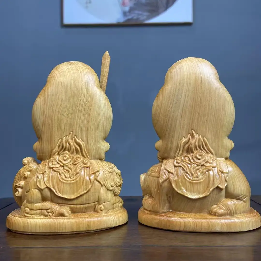 2PCS Hand-Carved Wooden Bodhisattva Statue, 10cm Buddha Riding Beast, Solid Wood Feng Shui Decor for Home Office Gift