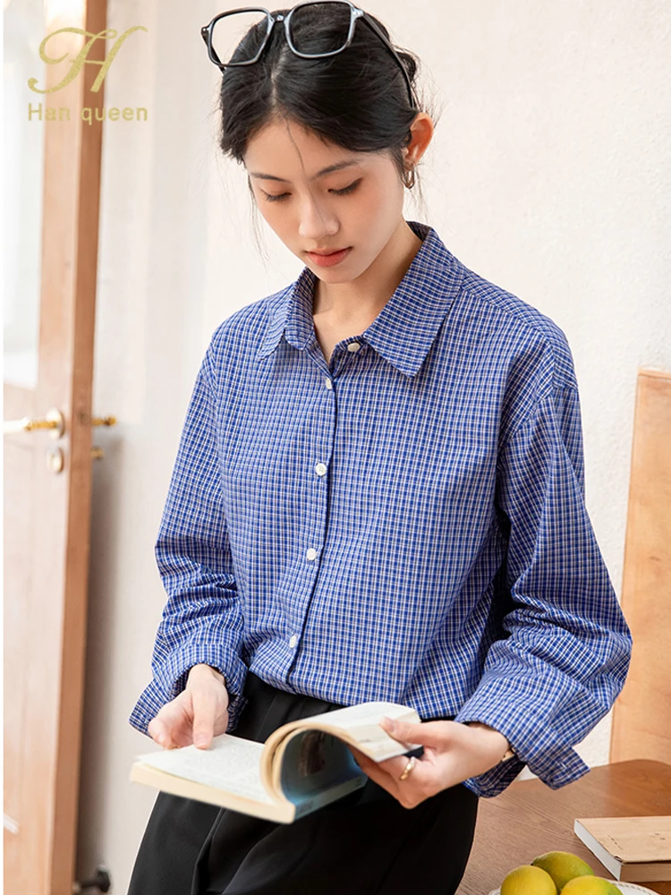 

H Han Queen Autumn Women's Clothing Casual Plaid Tops Simple Basic Korean Formal Wear Woman Blouses Loose Vintage Shirts 2025