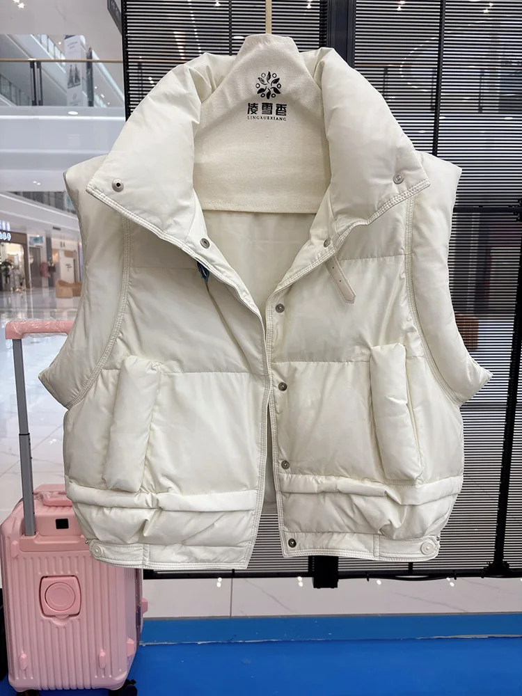 

PU leather down vest women's 2025 winter new short style stand collar western-style high-end 90 white duck down vest jacket