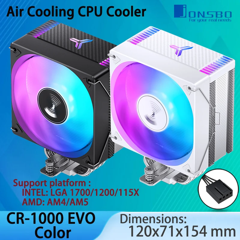 Jonsbo CR1000 EVO Color CPU Cooler,Silent Series CPU Cooling, PWM Fan Air Cooler H154mm, 4 Copper Heat Pipe Insert Aluminum Fin