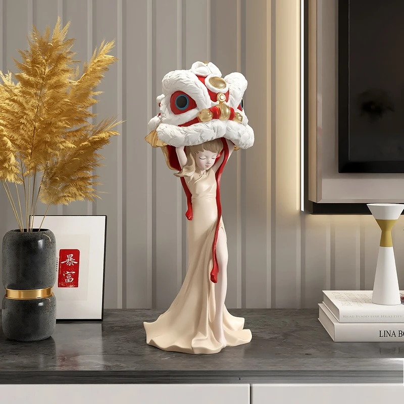 Lion Awakening Girl Resin Statue Lion Head Swinging Figure Sculpture Ornament Home Decoration Desktop Wine Cabinet Crafts Gifts