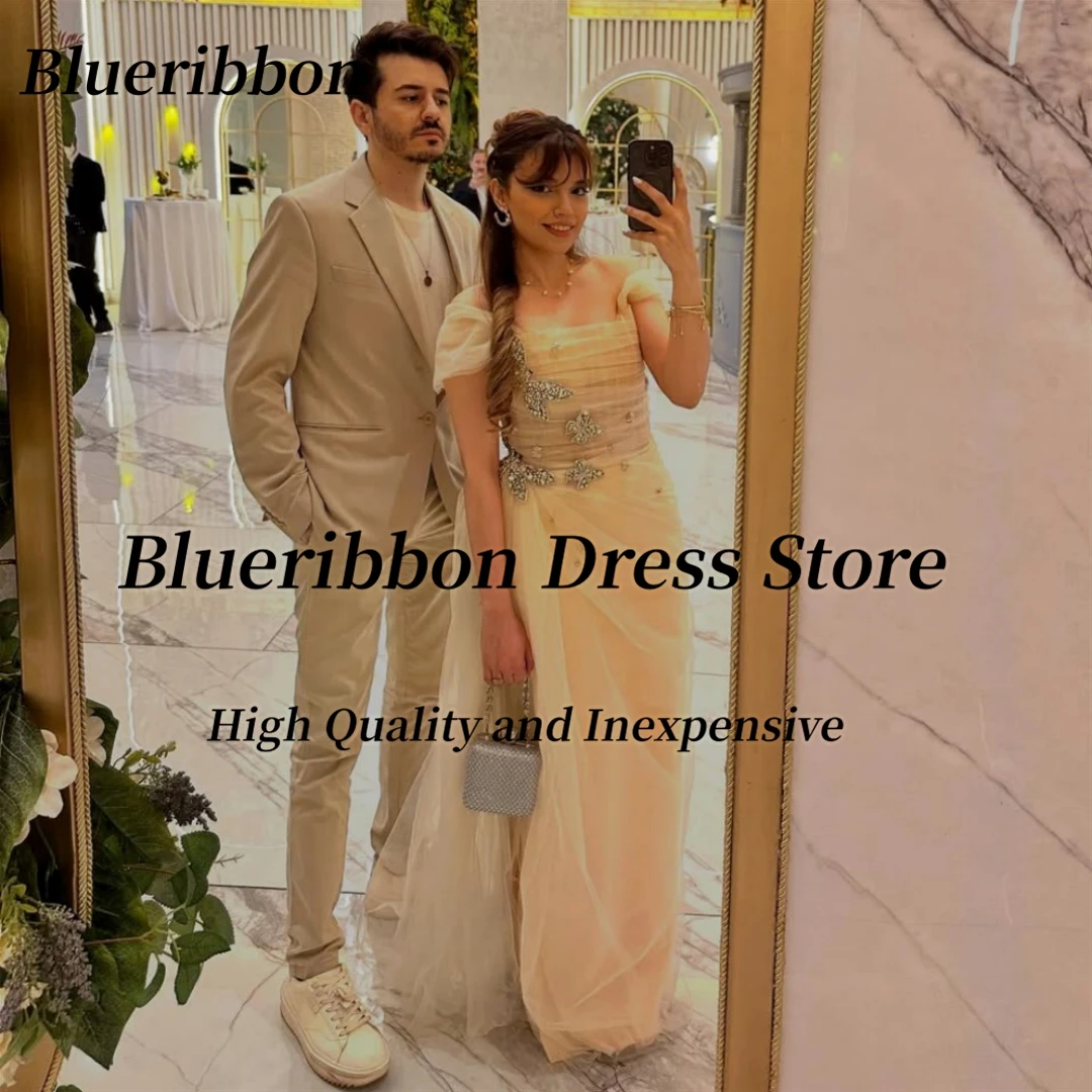 Blueribbon op maat gemaakte galajurken met kralen strapless off-shoulder avondjurken ruches zijsplit tule verjaardagsfeestjurk