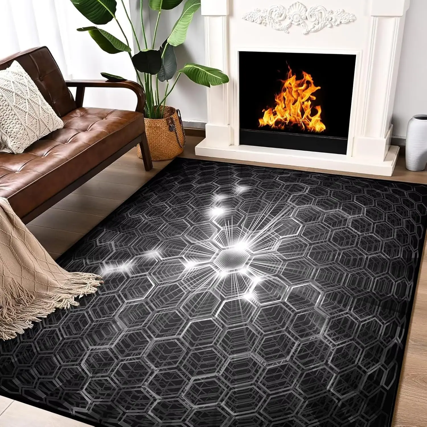 Black and White Geometric Area Rug 3D Honeycomb Floor Mat for Living Room Bedroom Playroom Classroom Office Modern Aesthetic
