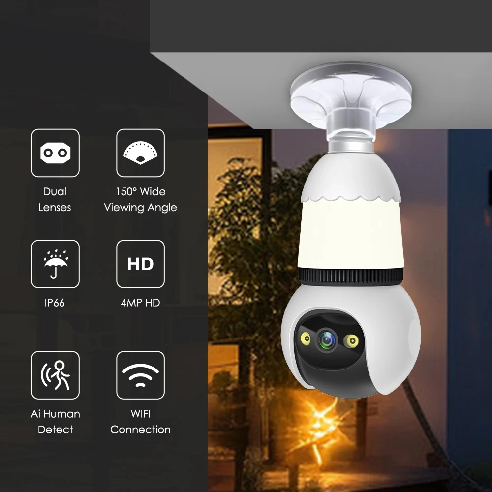 2MP 1080P V380Pro APP Night Lamp E27 Full Color Wireless IP Camera AI Humanoid Detection Home Security CCTV Baby Monitor