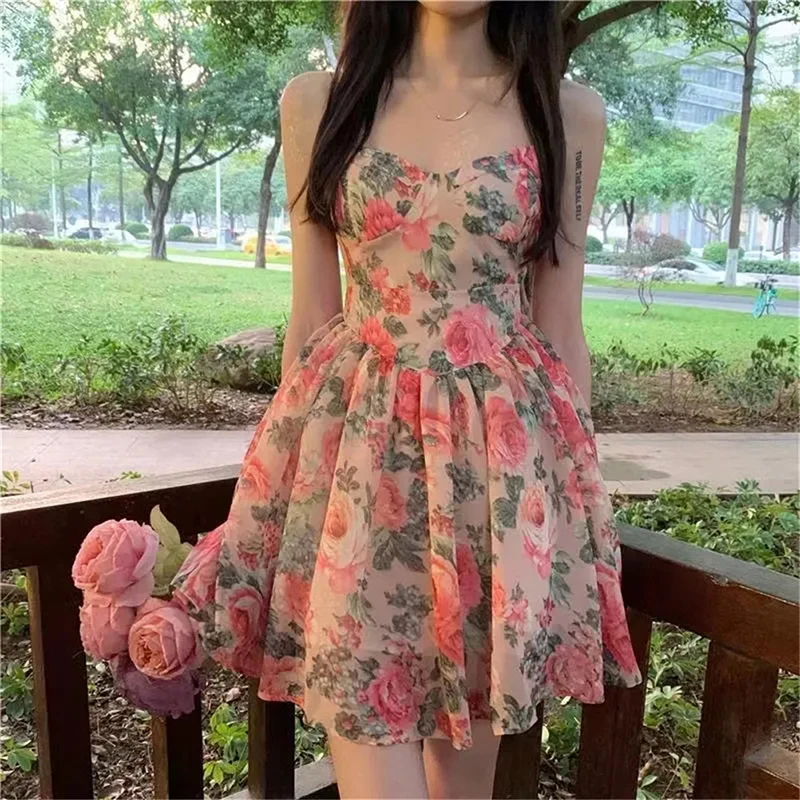 Sleeveless Dress Women Floral Sexy A-line Elegant French Style Summer Spaghetti Strap Mini Dresses Stylish Female