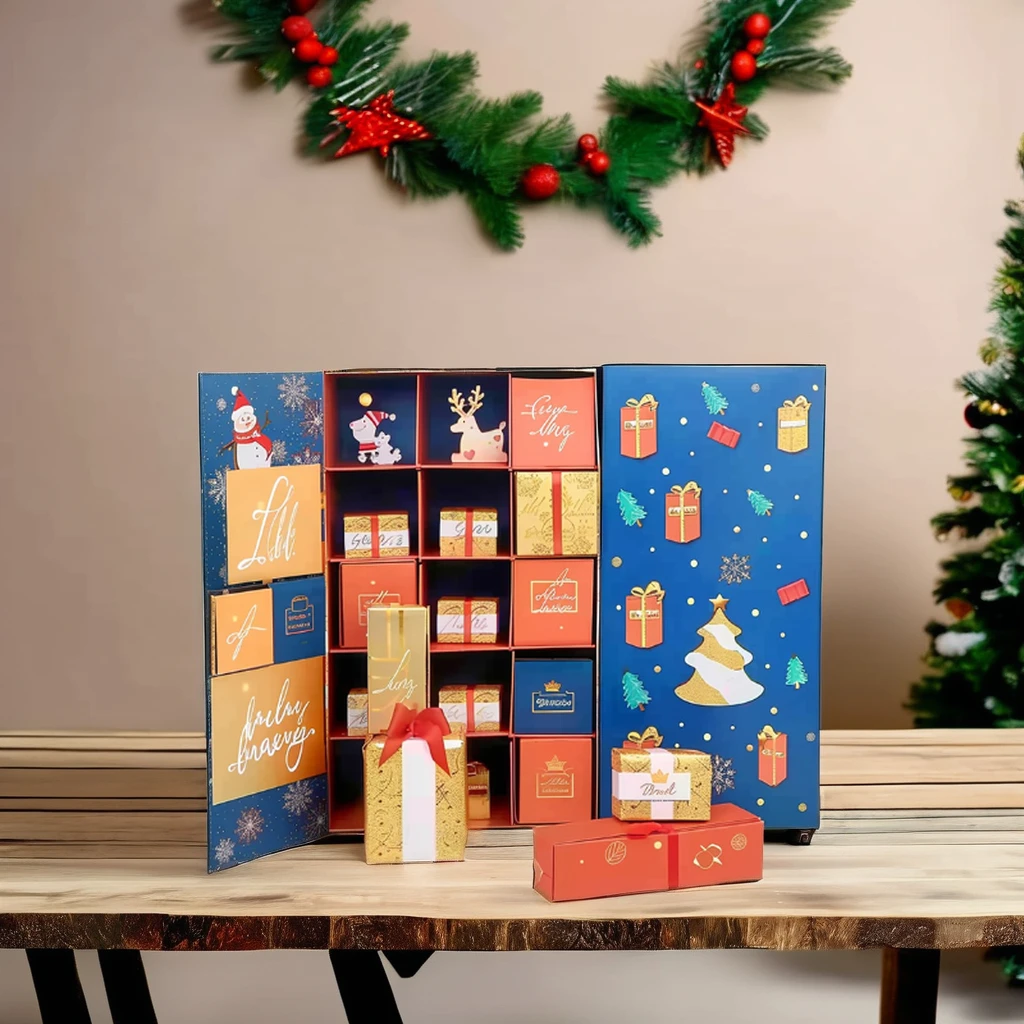 Customization.Custom Empty 24 Days Christmas Advent Calendar Rigid Cardboard Jewelry Gift Box UV Matt Lamination Food Storage Em