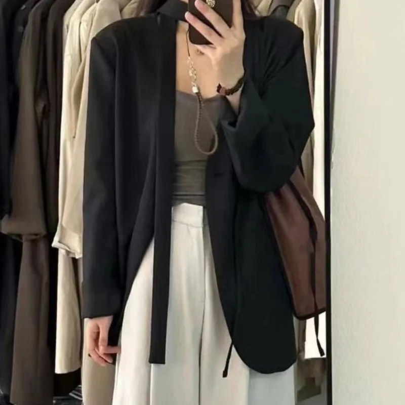 V Neck Blazer Mujer Solid Spring Autumn Korean Fashion Elegant Loose Women Blazers Lace Up Vintage Chaquetas