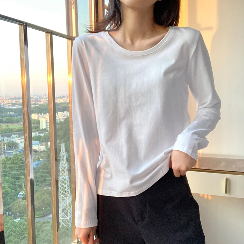 Simple Cotton Long Sleeve round Neck Base Shirt Women's T-shirt Shoulder Width Regular Commute Style Pure Color Slim Fit Top