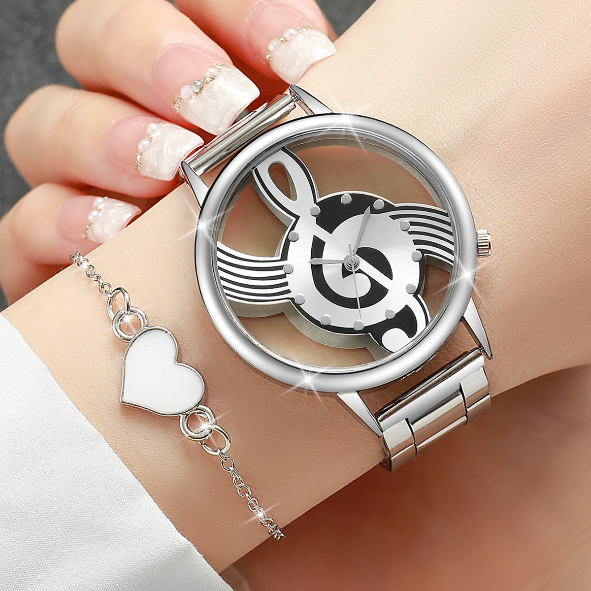 2PCS/Set Fashion Women\'s Watch Hollow-out Musical Note Dial Steel Band Quartz Watches Heart Bracelet Set