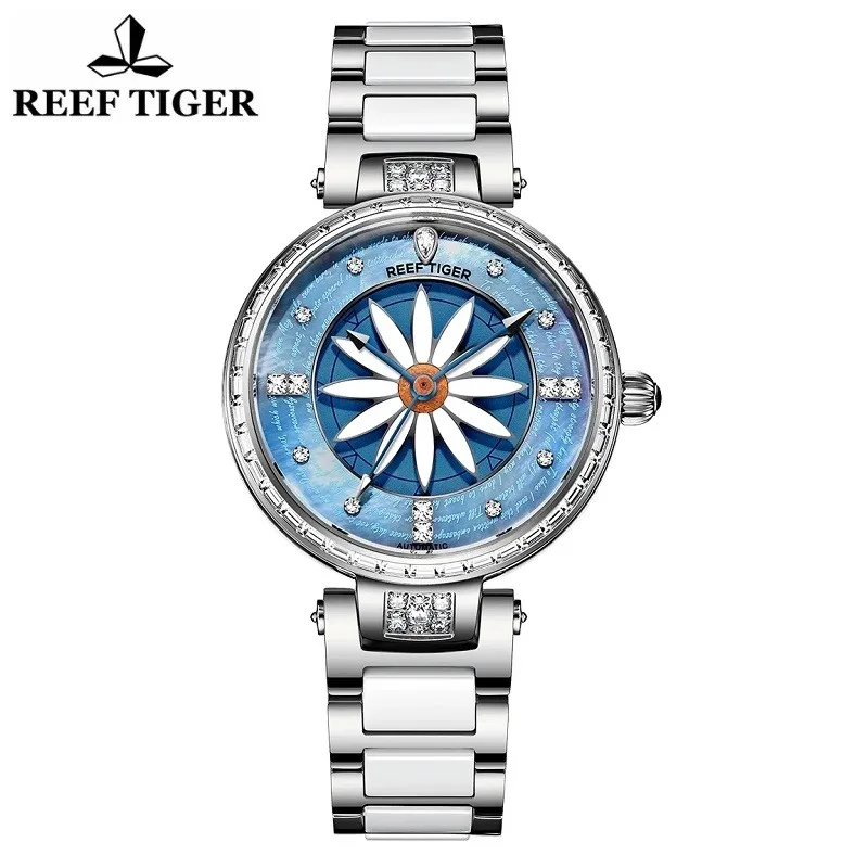 Reef Tiger/rt For Women Mechanical Watch Zircon Lady Automatic Wristwatch Petal Dial Ceramic Strap Sapphire New Relogio Feminino