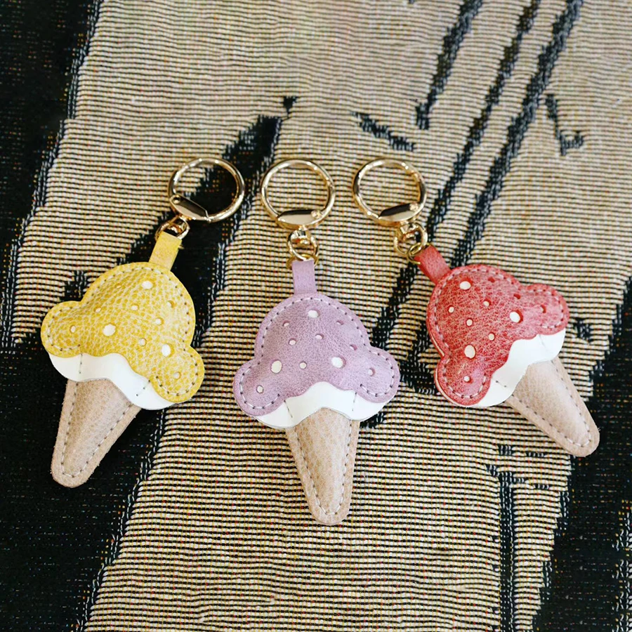 Pendants Genuine Leather Ice Cream Bag Pendants Mini Lollipop Buns Car Key Chains Pink Color Simple Funny Bag Charm