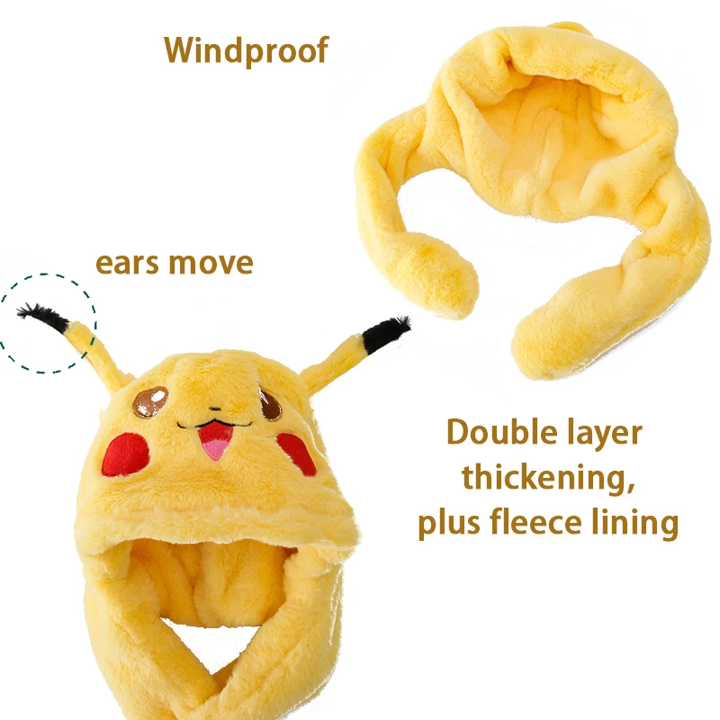 Anime Pokemon Pikachu Women Hat Beanie Can Moving Bunny Ears Hat with Shine Earflap Movable Ears Casual Animal Cap Beanies Gift