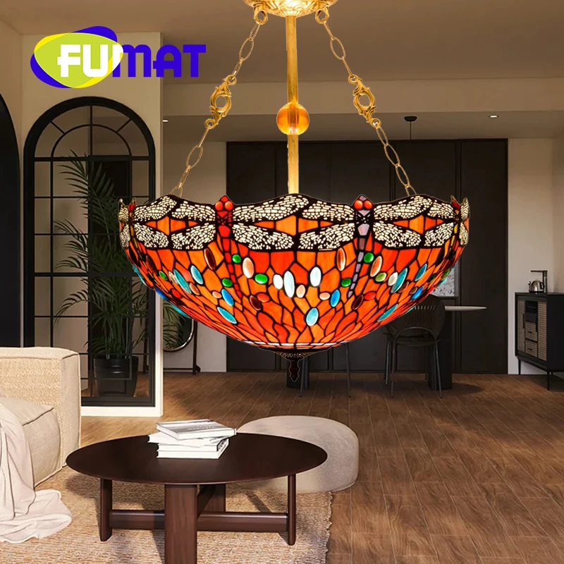 

FUMAT Tiffany Vintage style Red Dragonfly chandelier Art Deco Living Room Dining Room Bedroom stained glass hanging bowl light