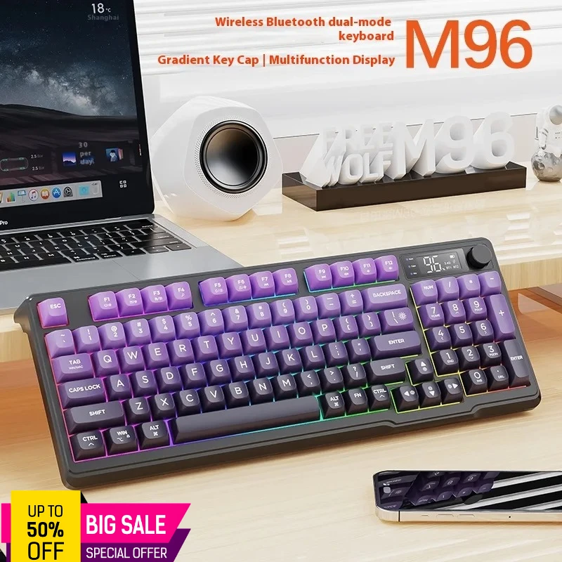

Ziyoulang M96 Двухрежимная Bluetooth Беспроводная клавиатура Зарядная модель Красочная подсветка PBT Клавиши Электронный экран Подарок-Горти